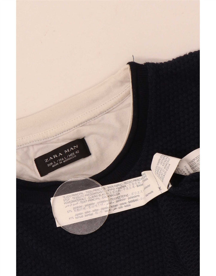 Zara Pull ras du cou pour homme en polyester bleu marine Taille L