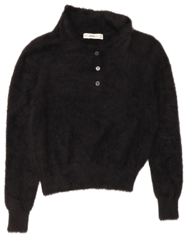 Zara Pull court à col polo pour femme UK 10 Petit nylon noir