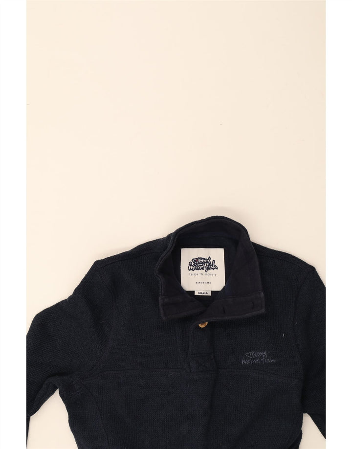WEIRD FISH Mens Button Neck Sweatshirt Jumper Small Navy Blue Polyester Vintage Weird Fish and Second-Hand Weird Fish from Messina Hembry 