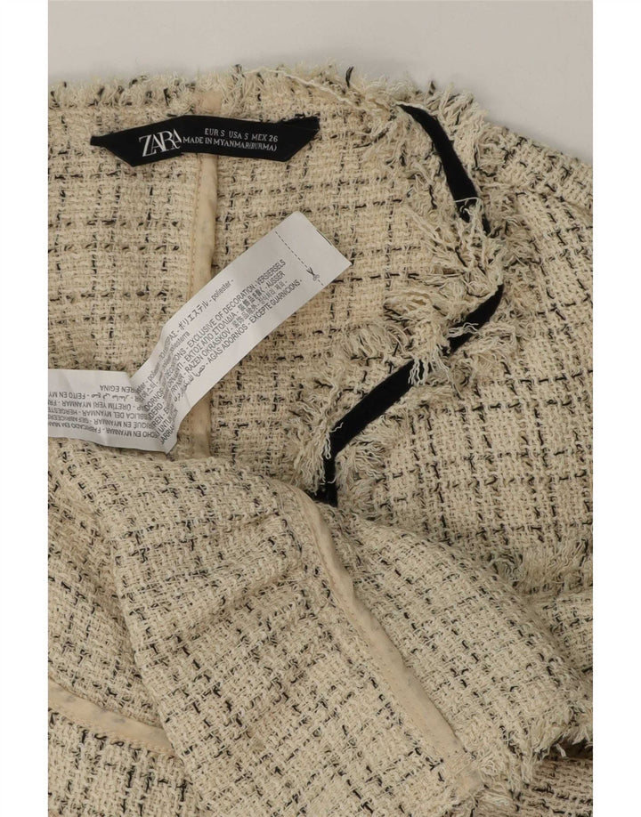 Zara Veste Blazer Ouverte Femme UK 10 Petit Carreau Beige Polyester