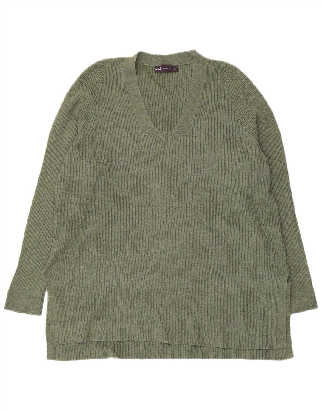 MARKS & SPENCER Pull col V pour femme UK 16 Large Vert Polyester