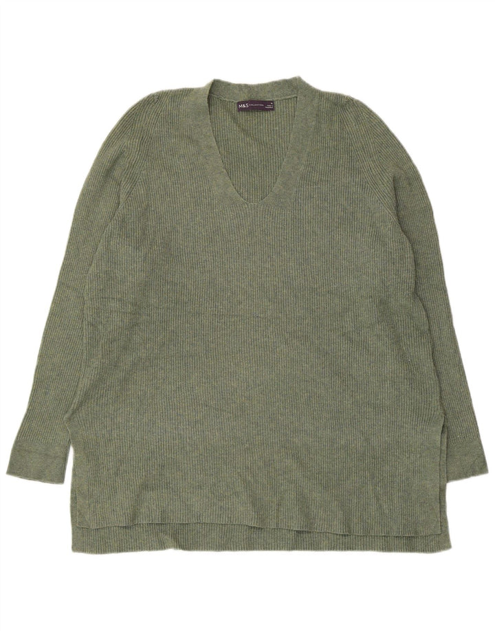 MARKS & SPENCER Pull col V pour femme UK 16 Large Vert Polyester