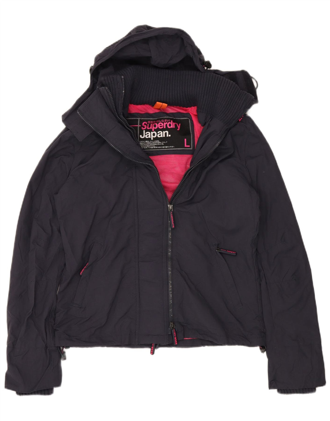 SUPERDRY Veste de pluie à capuche graphique pour femme UK 16 Large Bleu Marine Nylon
