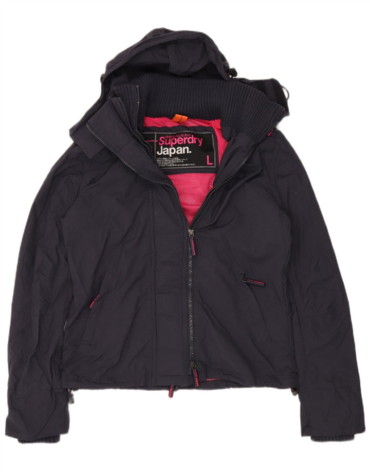 SUPERDRY Veste de pluie à capuche graphique pour femme UK 16 Large Bleu Marine Nylon