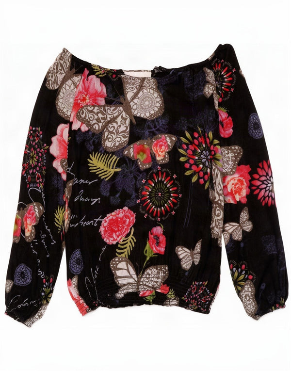 Desigual Womens Off Shoulder Oversized Blouse Top UK 10 Small Black Floral