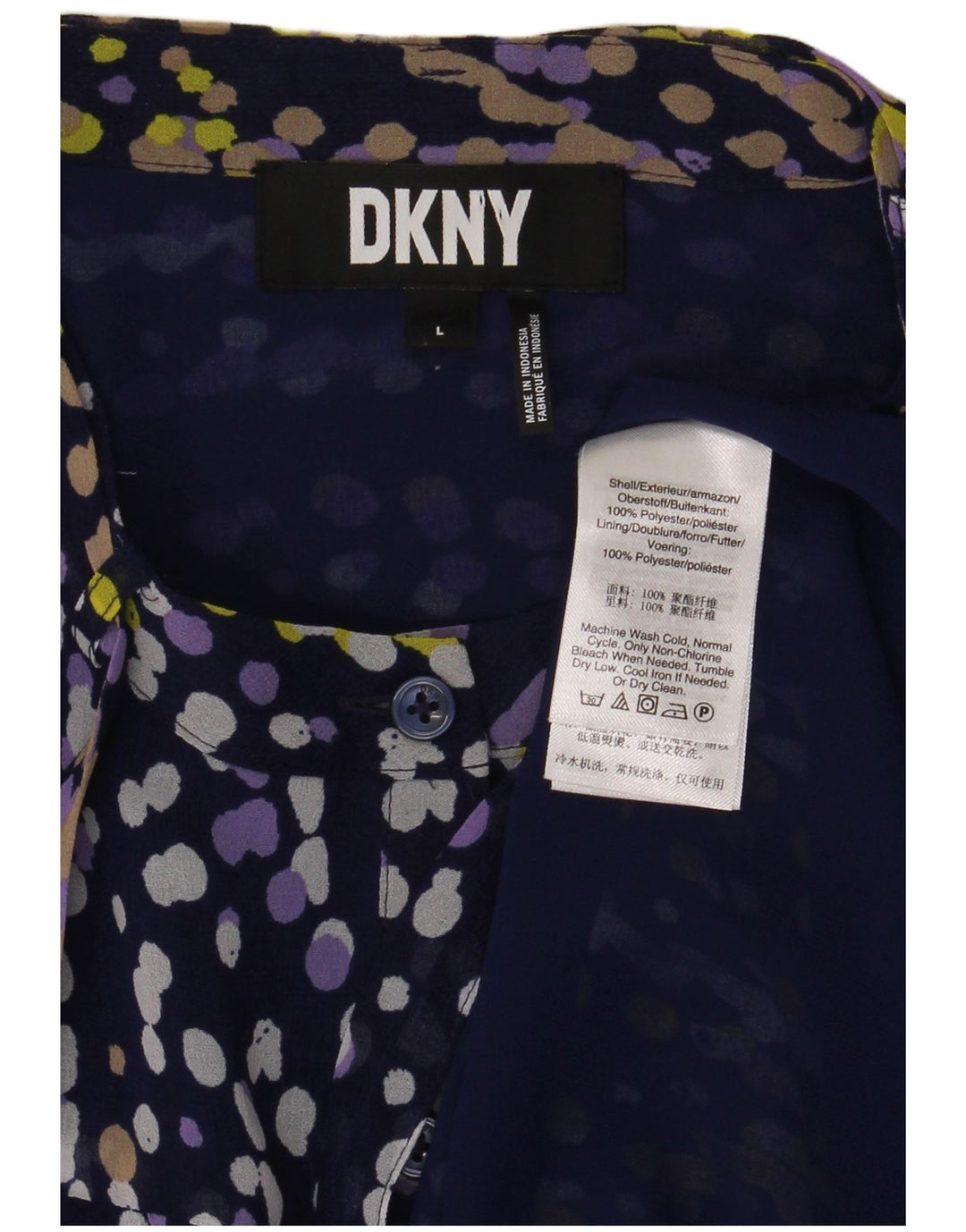 Dkny Chemisier à volants sur le devant pour femme UK 16 Large Bleu marine à pois