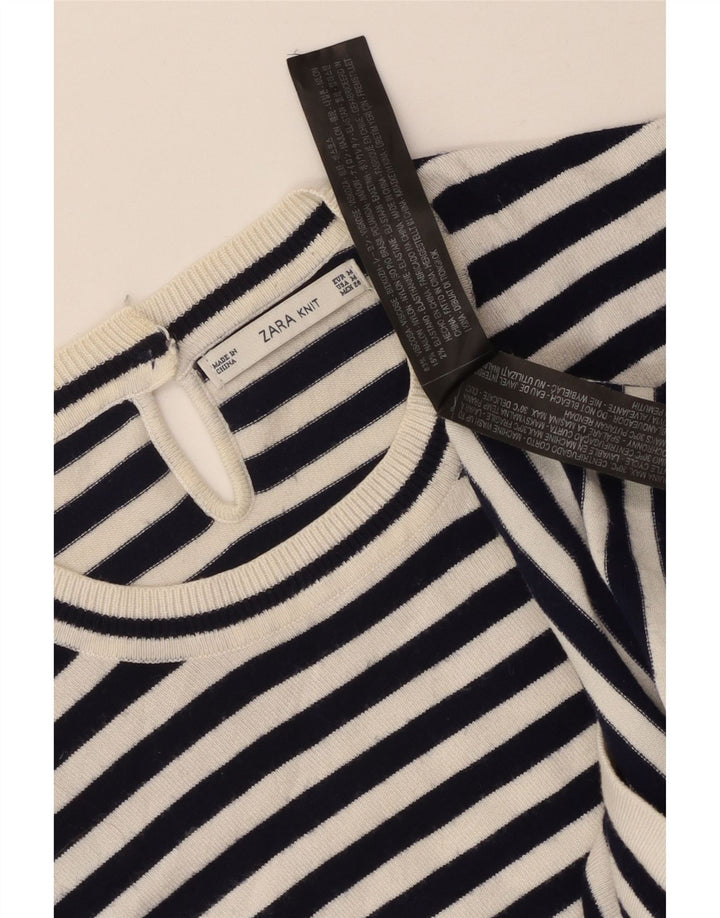 Zara Femme T-Shirt Top UK 12 Medium Blanc Rayé Viscose