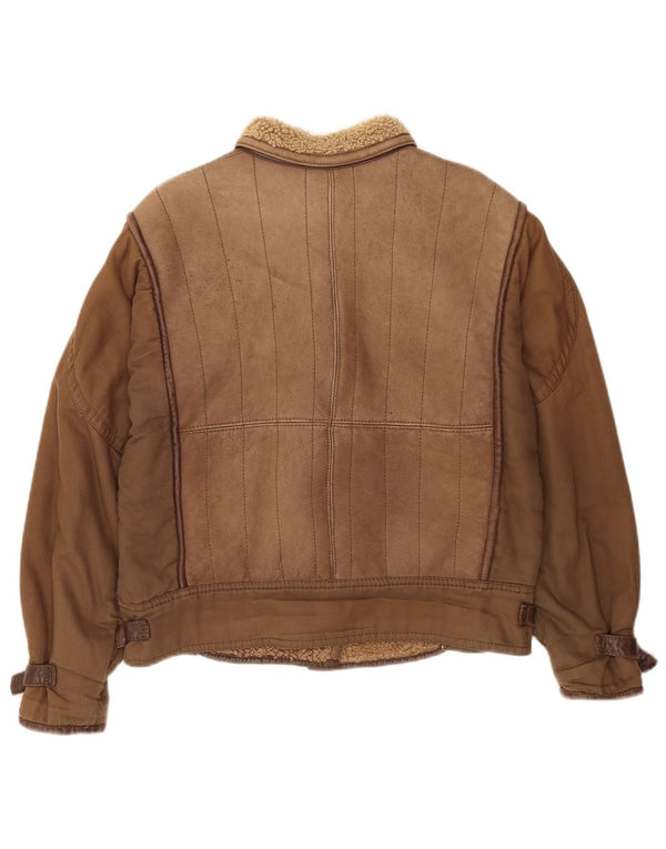vintage Femme Sherpa Veste en cuir surdimensionnée IT 46 Grand Marron