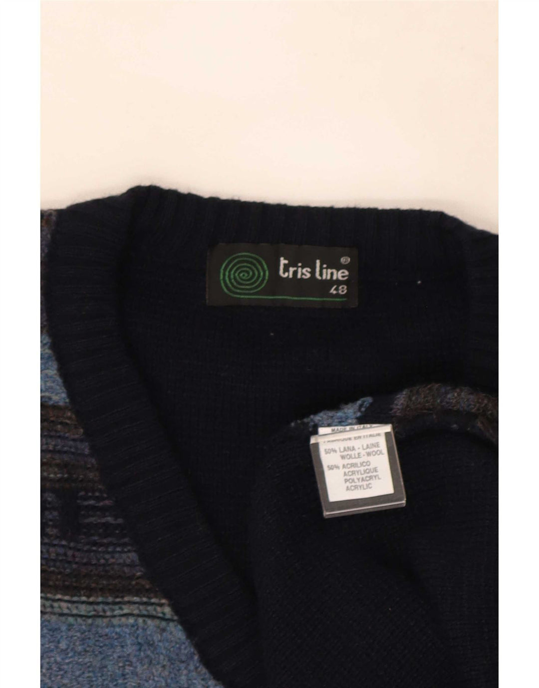 Tris Line Pull Col V Homme IT 48 Laine Rayée Bleu Marine Moyen