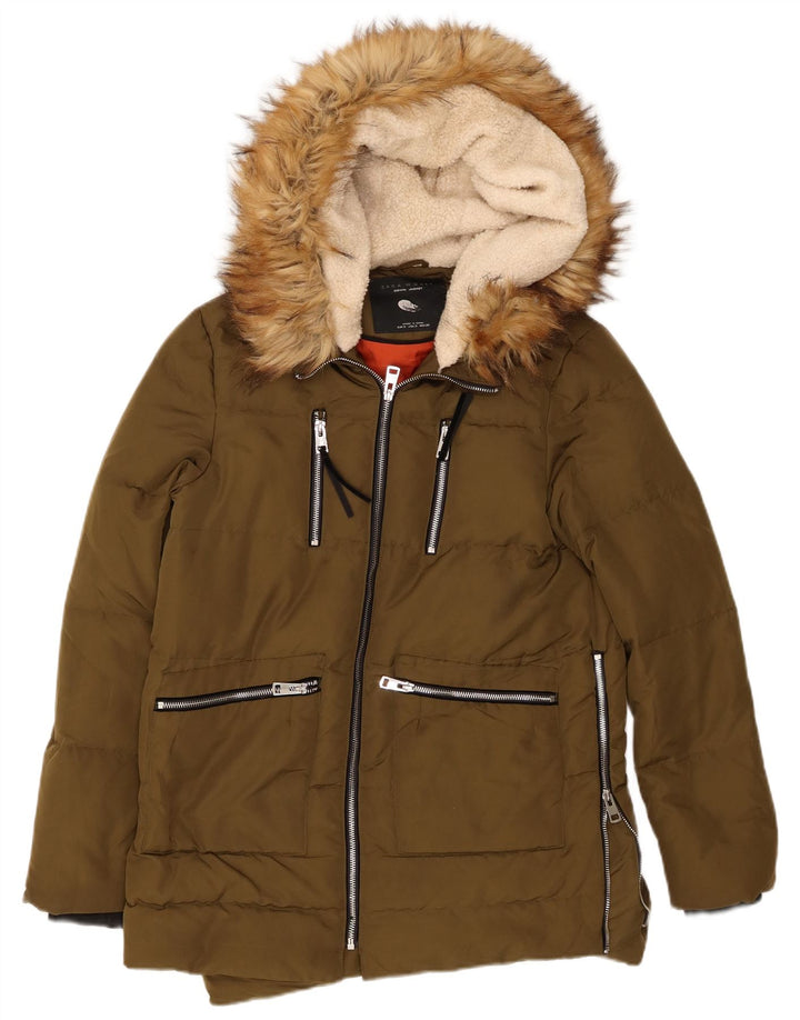 Zara Veste matelassée à capuche pour femme UK 10 Small Kaki Polyester