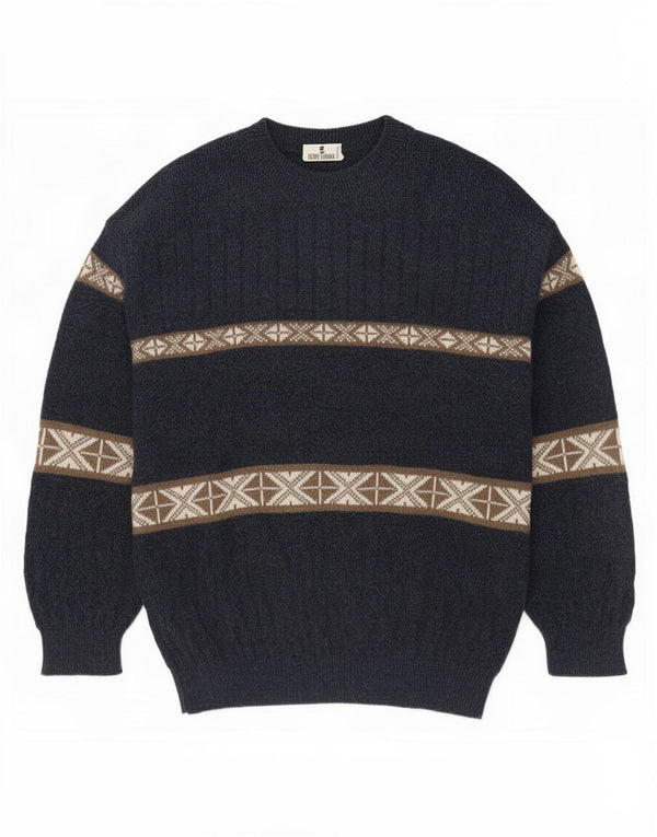 vintage Mens Turtle Neck Jumper Pull Moyen Bleu Marine Fair Isle