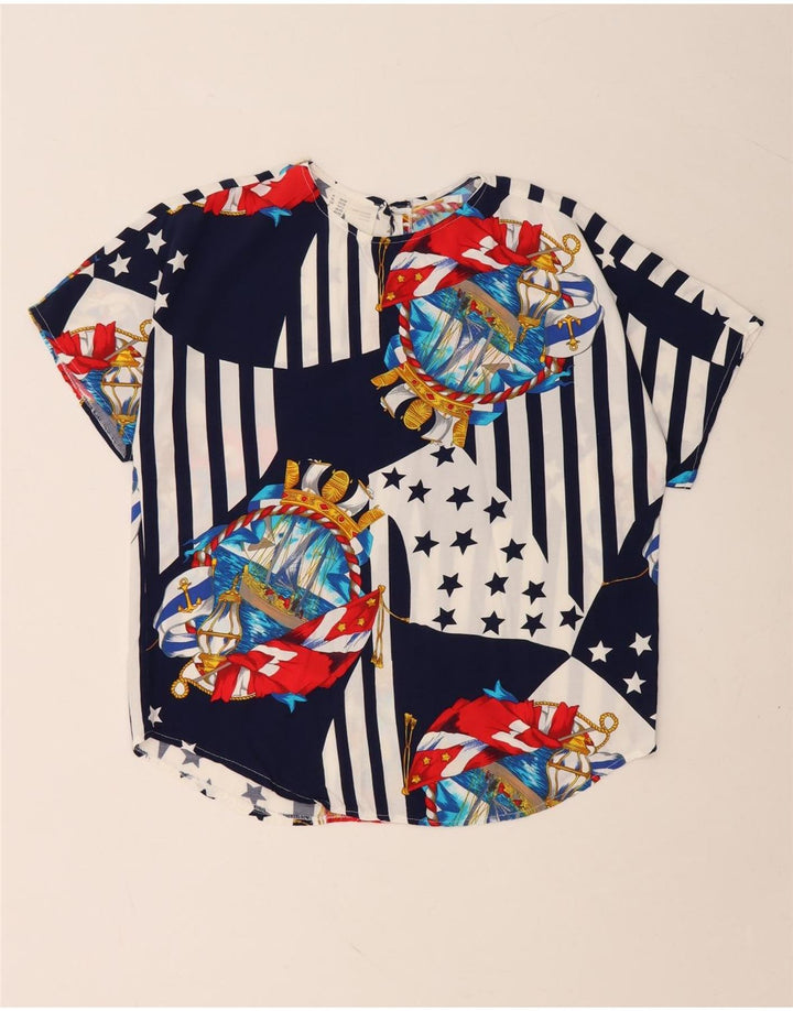 VINTAGE Chemisier Femme Top UK 10/12 Bleu Marine Moyen Colourblock