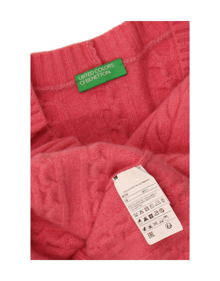 BENETTON Pull cardigan court pour femme UK 14 Laine rose moyen