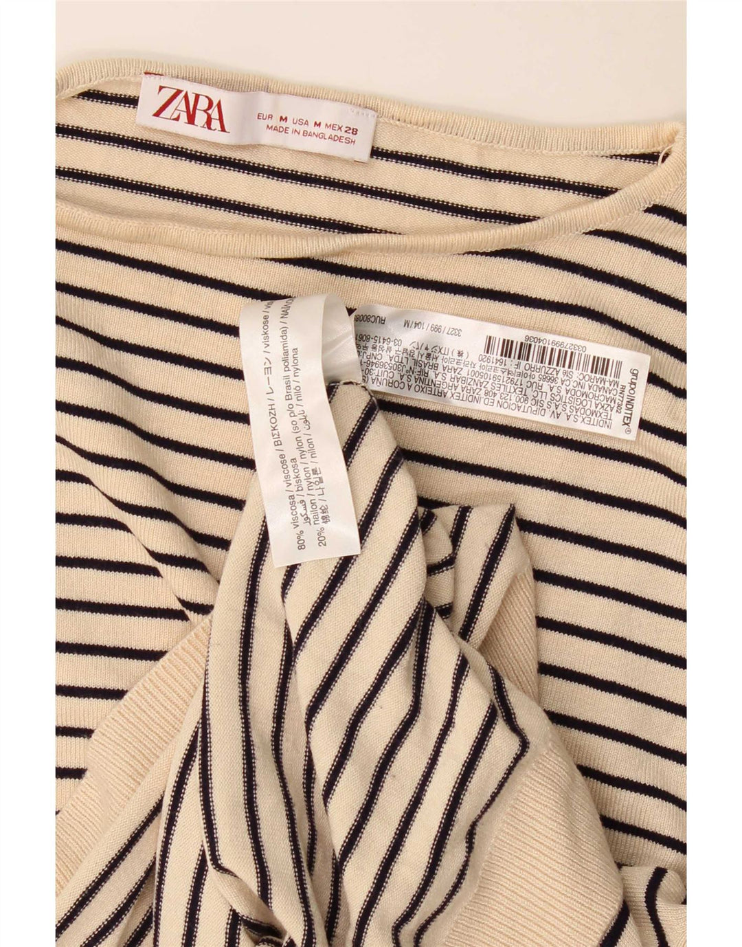 Zara Femme Top Manches Longues UK 44 Viscose Rayé Beige Moyen