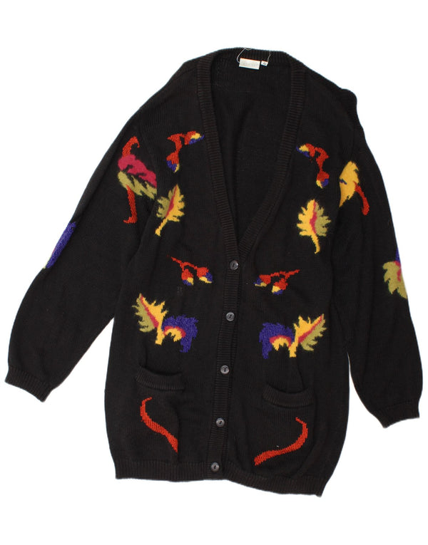 vintage Femmes Longline Cardigan Pull UK 14 Moyen Noir Floral Nouveauté