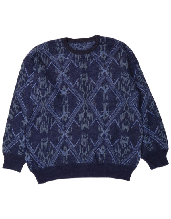 vintage Mens Crew Neck Jumper Pull Grand Bleu Marine Fair Isle