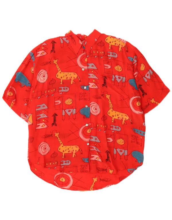 vintage Femme Graphique Chemise À Manches Courtes Blouse EU 40 Soie Rouge Moyenne