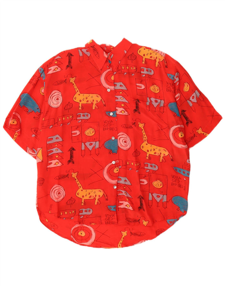 vintage Femme Graphique Chemise À Manches Courtes Blouse EU 40 Soie Rouge Moyenne