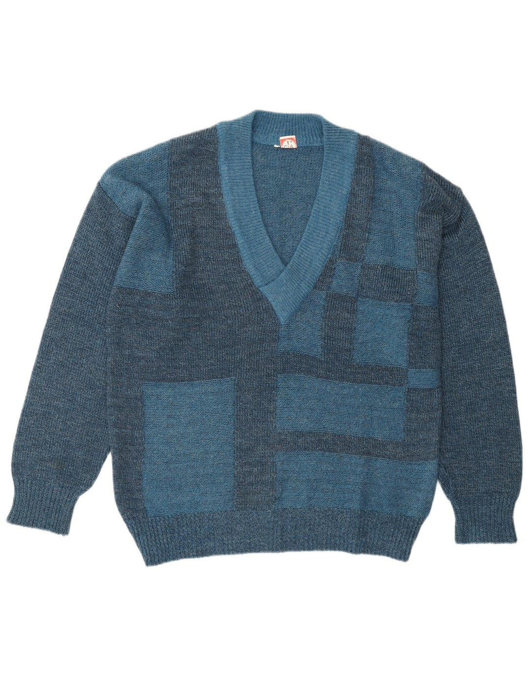 VINTAGE Pull col V pour homme IT 50 Polyacrylique géométrique bleu moyen