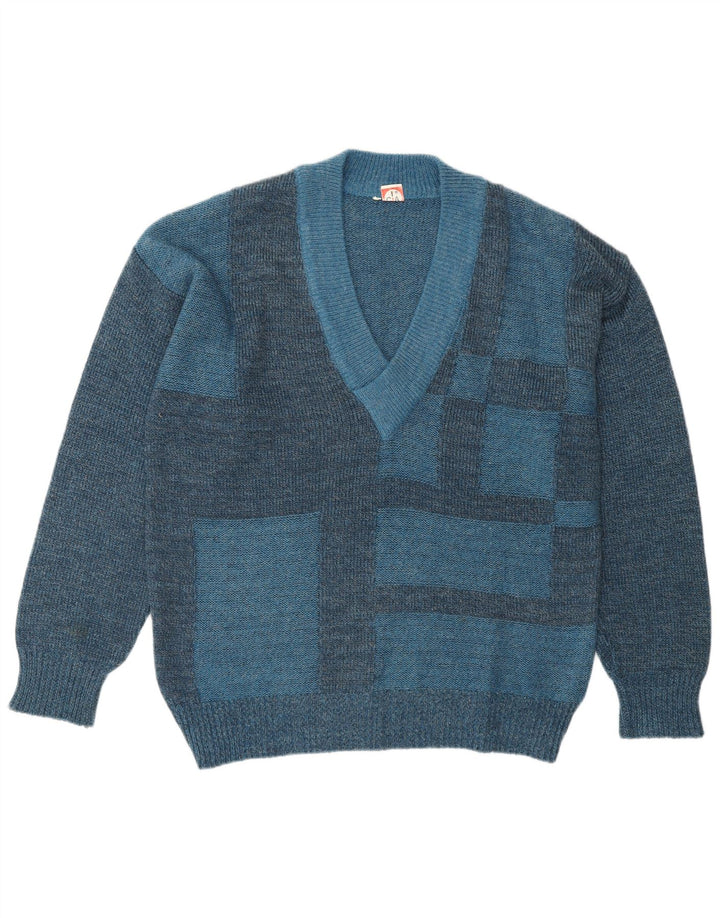 VINTAGE Pull col V pour homme IT 50 Polyacrylique géométrique bleu moyen