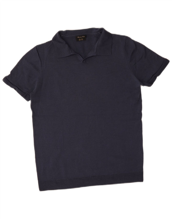 Massimo Dutti Pull à manches courtes et col polo pour homme Bleu marine moyen