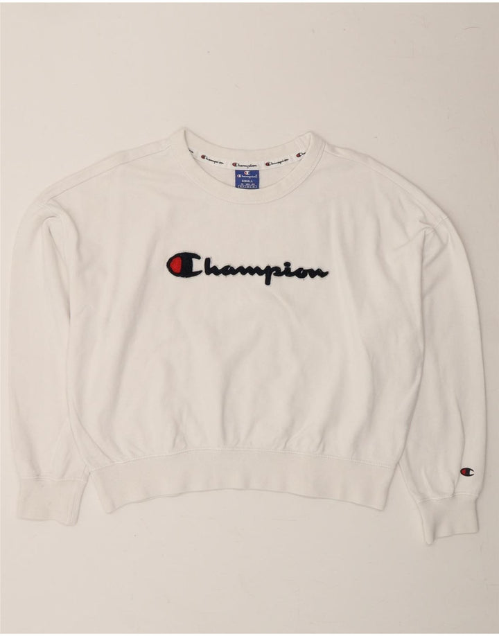 CHAMPION Womens Oversized Crop Graphic Sweatshirt Jumper UK 10 Small White Vintage Champion and Second-Hand Champion from Messina Hembry 