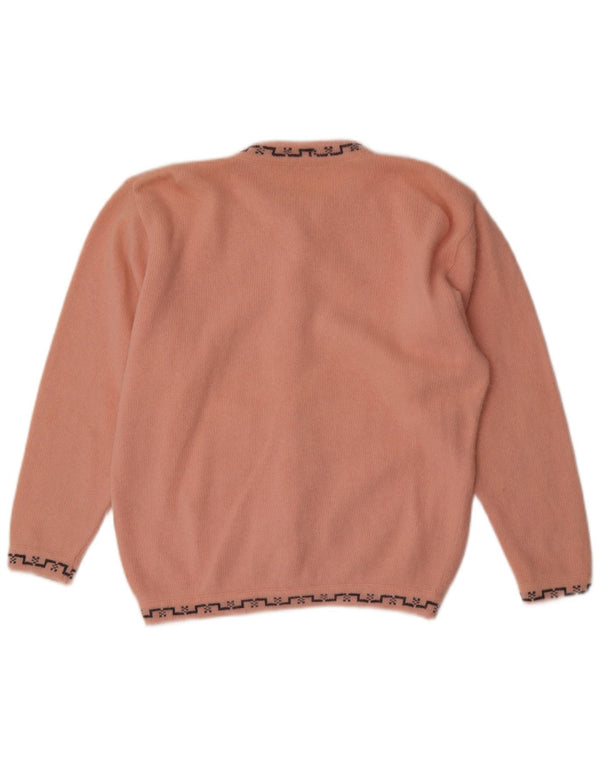 vintage Womens Cardigan Sweater UK 14 Grande laine géométrique rose