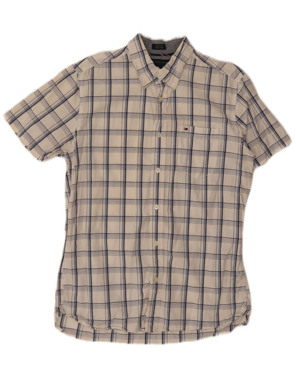 Chemise pour hommes Tommy Hilfiger à manches courtes, coupe personnalisée, taille M, coton à carreaux blanc