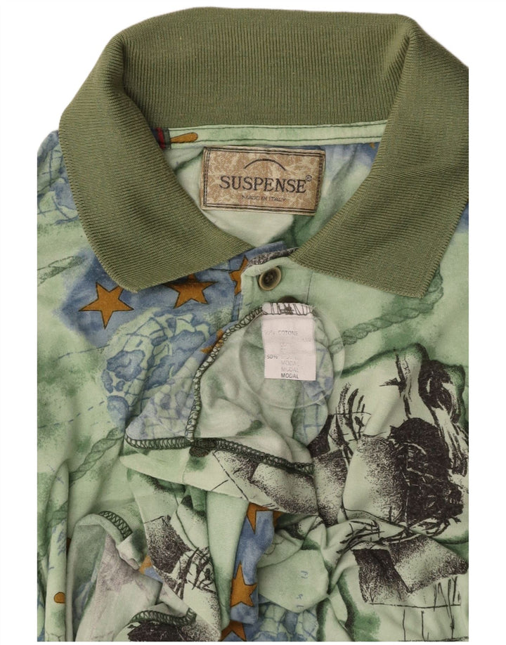 SUSPENCE Mens Abstract Pattern Polo Shirt XL Green Cotton