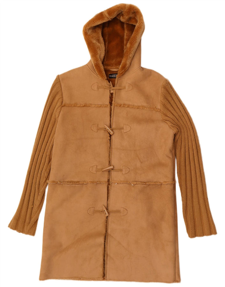 vintage Femmes À Capuchon Sherpa Duffle Coat UK 14 Polyester Brun Moyen
