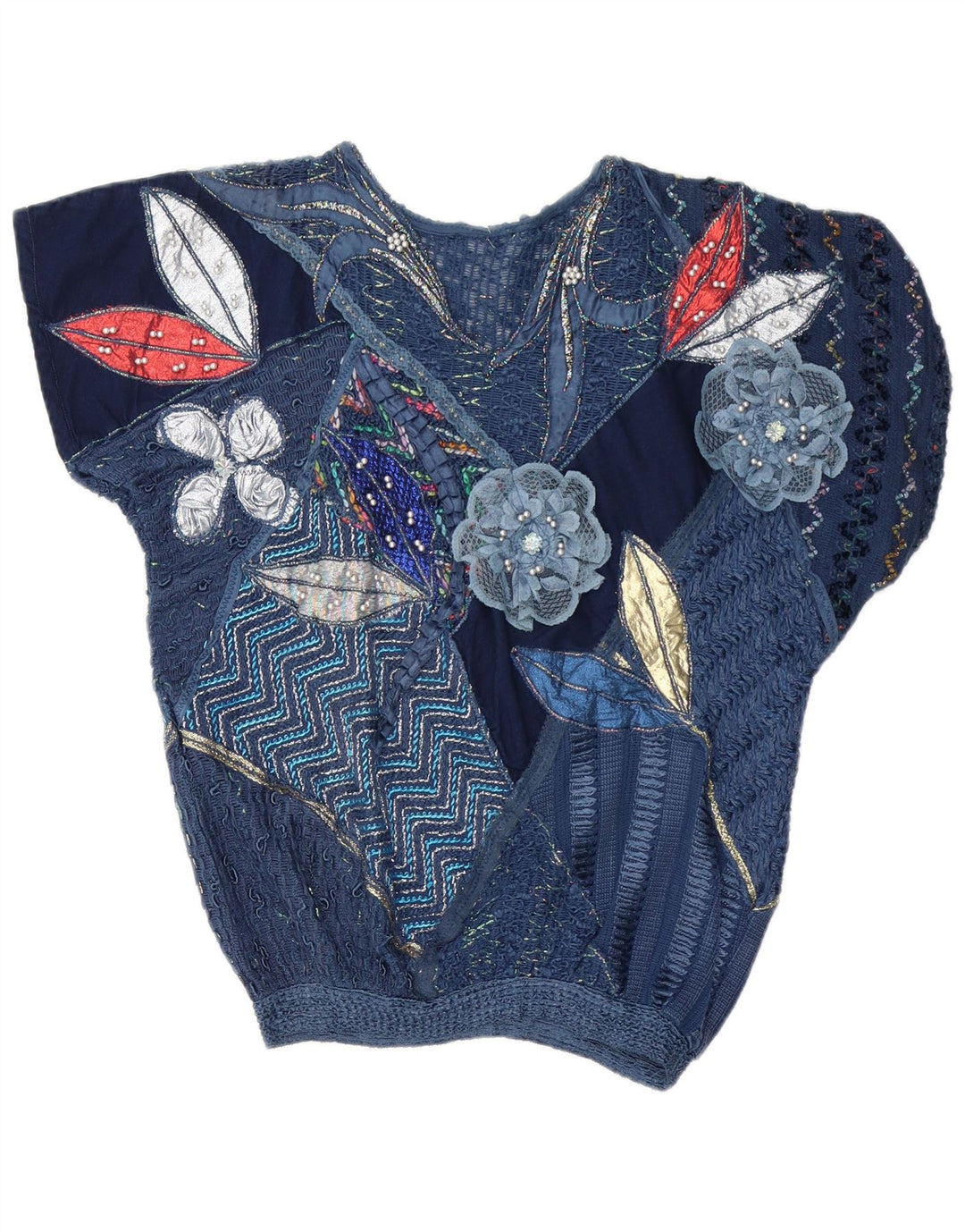 vintage Womens Blouse Top UK 16 Grand Patchwork Bleu Marine