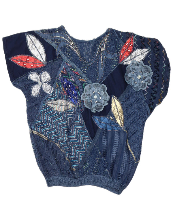 vintage Womens Blouse Top UK 16 Grand Patchwork Bleu Marine