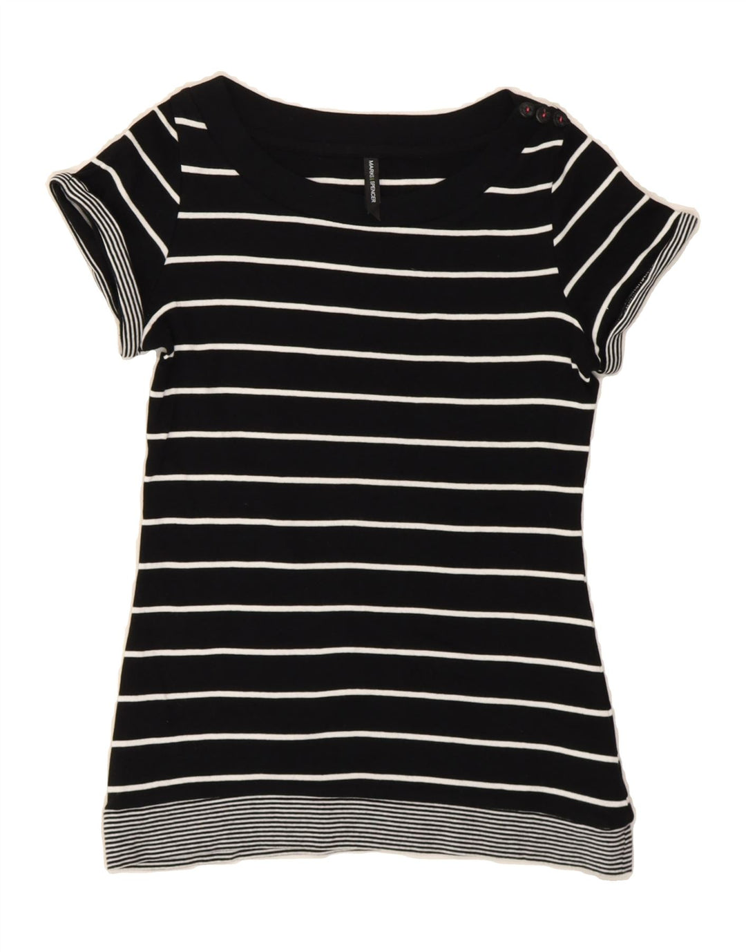 MARKS & SPENCER Womens T-Shirt Top UK 12 Medium Black Striped Cotton Vintage Marks & Spencer and Second-Hand Marks & Spencer from Messina Hembry 