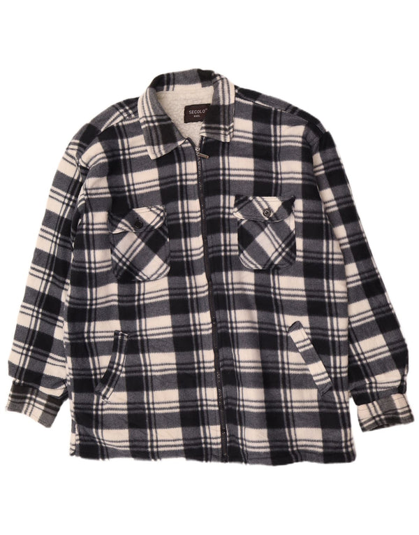 vintage Mens Sherpa Flannel Utility Jacket UK 46 3XL Bleu Marine Plaid Coton