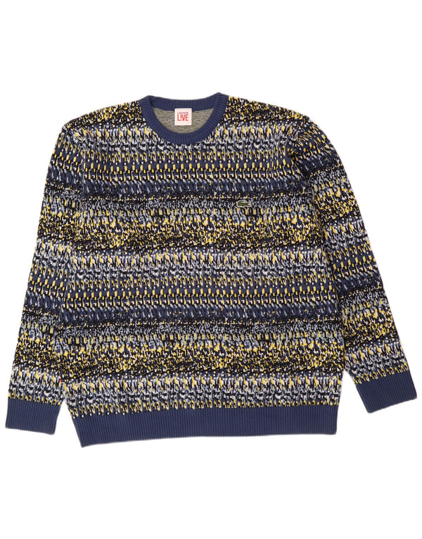 LACOSTE Homme Crew Neck Jumper Pull Taille 7 2XL Bleu Géométrique Coton