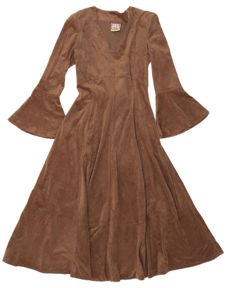 vintage Femmes Maxi Manches Longues Robe A-Line UK 12 Polyester Marron Moyen