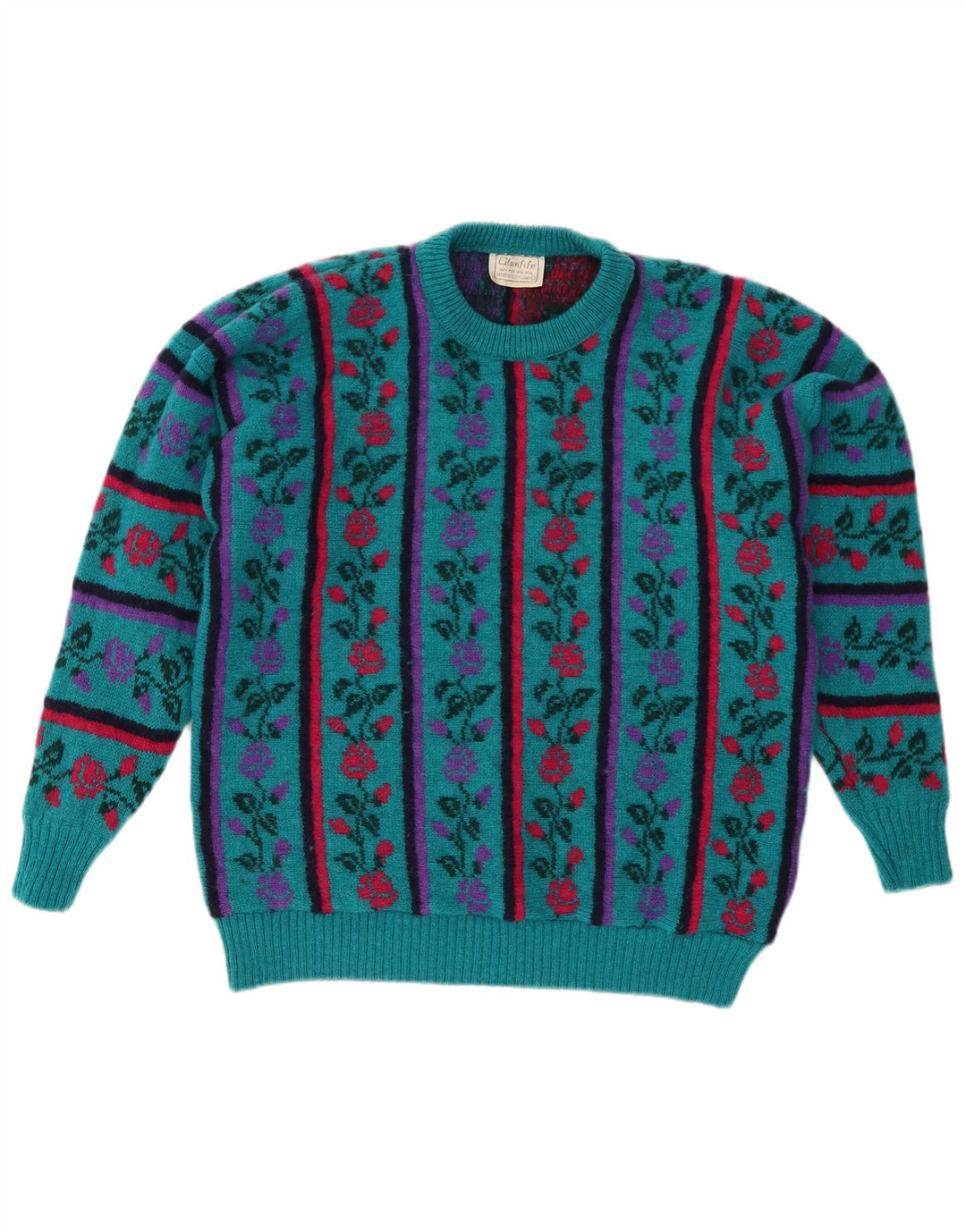 VINTAGE Femme Crew Neck Jumper Pull UK 16 Grande Laine Florale Turquoise