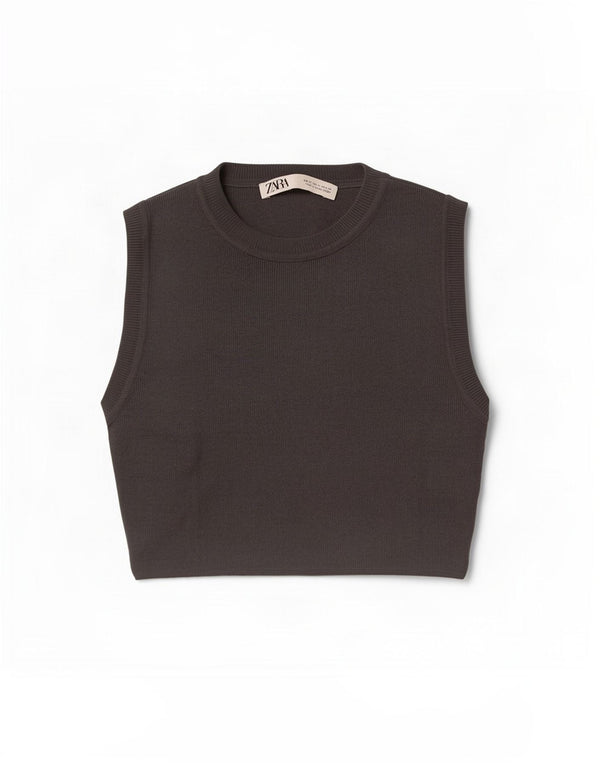 Zara Femme Crop Débardeur UK 12 Gris Moyen Viscose