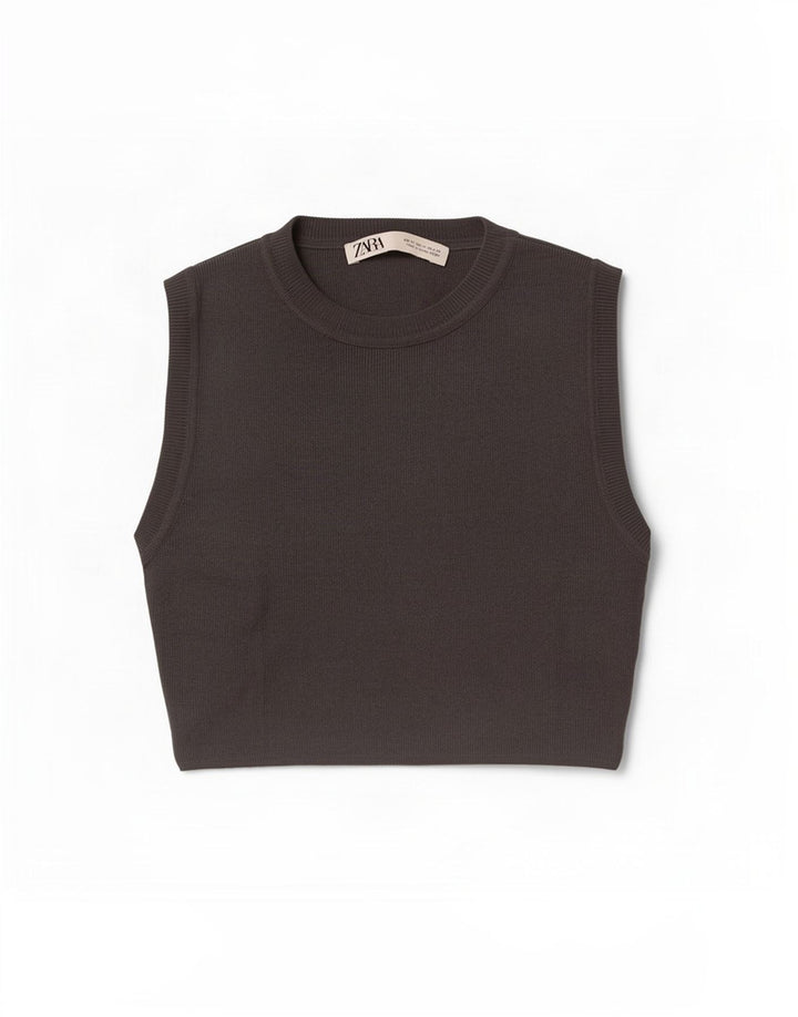 Zara Femme Crop Débardeur UK 12 Gris Moyen Viscose