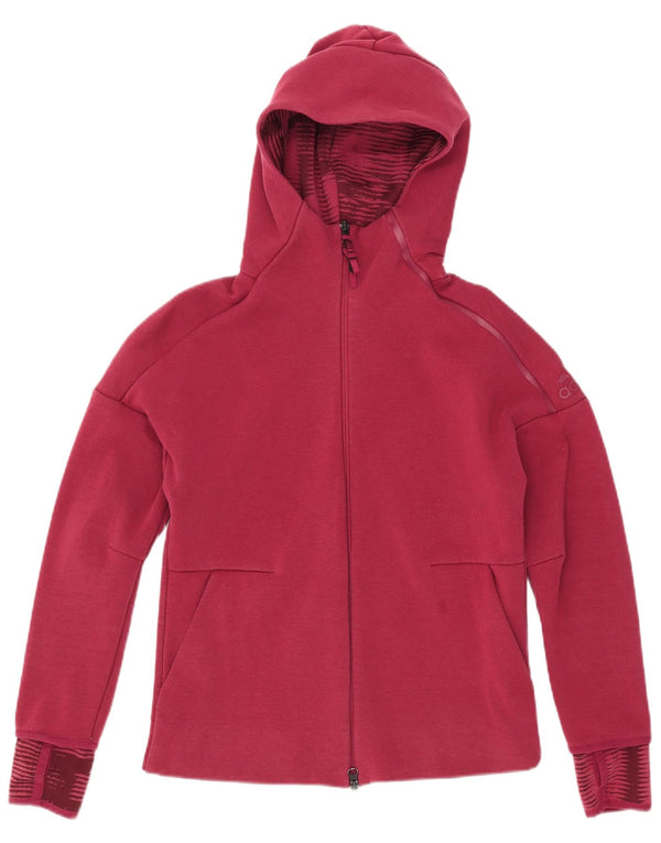 Adidas Womens Zip Hoodie Sweater UK 14 Medium Burgundy Pinstripe
