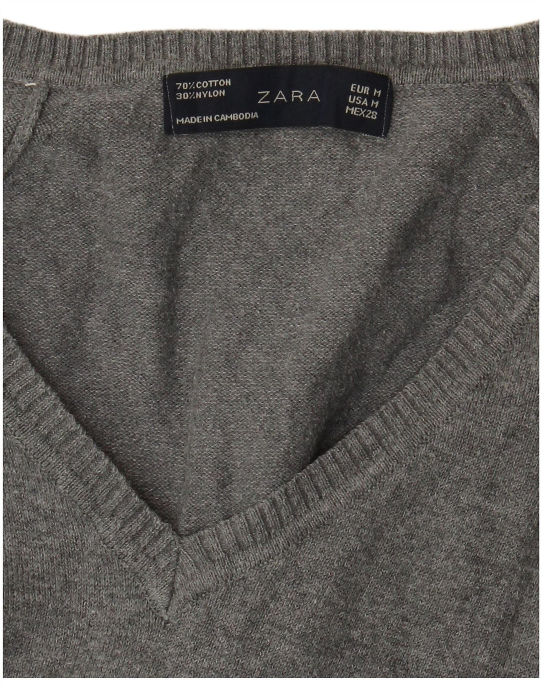 Zara Pull col en V pour femme UK 12 Gris moyen Coton