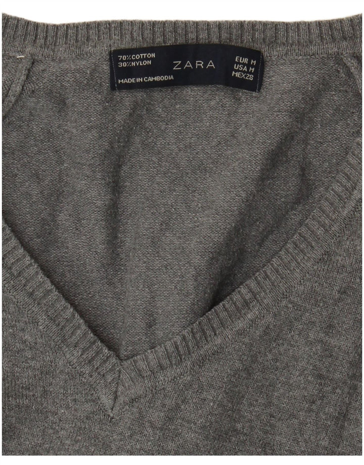 Zara Pull col en V pour femme UK 12 Gris moyen Coton