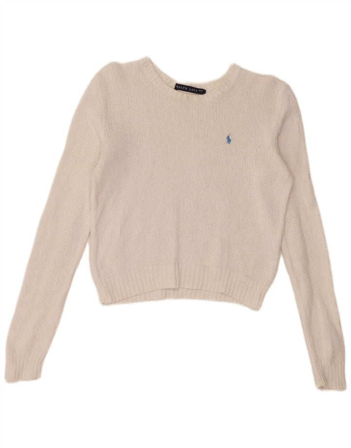 RALPH LAUREN Pull court à col bateau pour femme UK 12 Blanc moyen