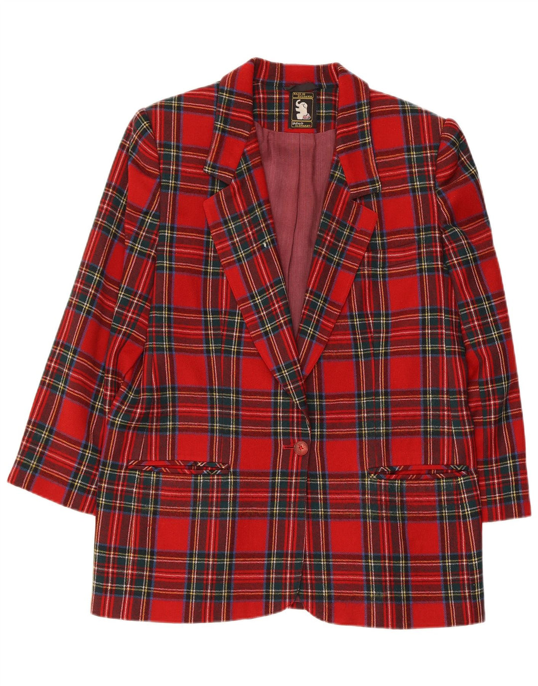 vintage Femmes 3/4 Manches 1 Bouton Blazer Veste UK 14 Moyen Rouge Plaid