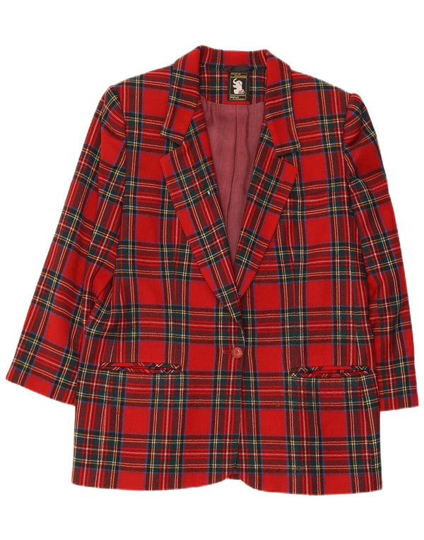 vintage Femmes 3/4 Manches 1 Bouton Blazer Veste UK 14 Moyen Rouge Plaid