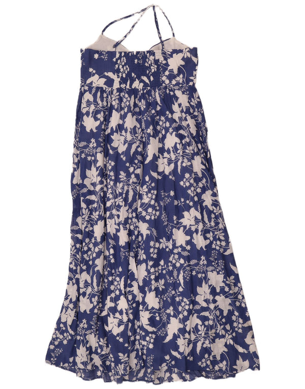 Zara Femme Maxi Halter Robe UK 12 Bleu Moyen Floral Coton