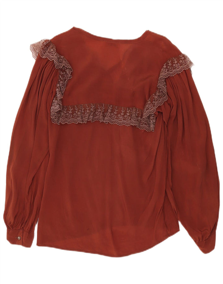 vintage Femmes Voir à travers le chemisier à manches longues Top IT 42 Floral Brun Moyen