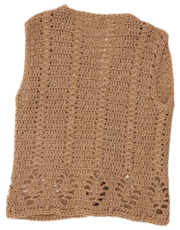 VINTAGE Femmes Sans Manches Crochet Cardigan Pull UK 14 Grand Beige