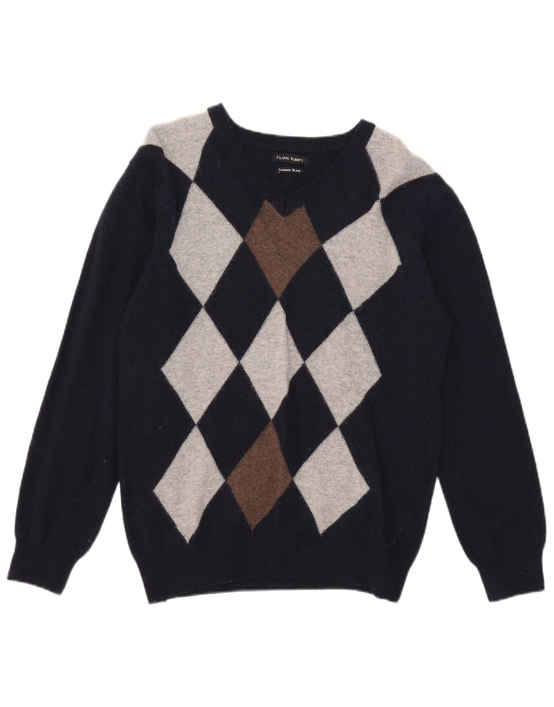 Filippo Riberti Pull col V pour homme Petit Bleu marine Argyle/Diamant