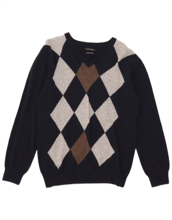 Filippo Riberti Pull col V pour homme Petit Bleu marine Argyle/Diamant